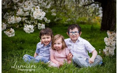 Children portraits in cherry blossoms