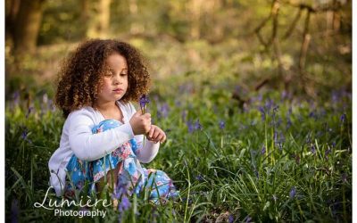 Sisters in a bluebells wood in Loughborough