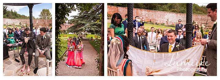 Multicultural wedding at Garthmyl Hall the bride arrives